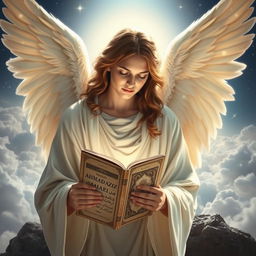 An angel with flowing white robes and majestic wings, gently holding an ancient book titled 'AHMAD AZIZ ASIAEI'