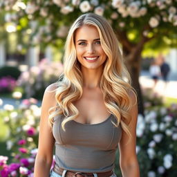 A beautiful blonde European woman, approximately 30 years old, with an appealing figure and an air of elegance