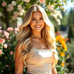 A beautiful blonde European woman, approximately 30 years old, with an appealing figure and an air of elegance