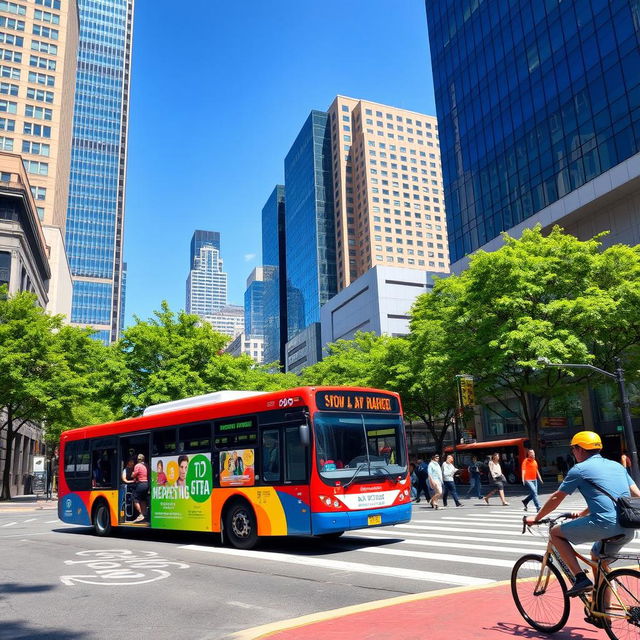 A vibrant city scene featuring a modern bus in motion, surrounded by skyscrapers and bustling streets filled with urban life