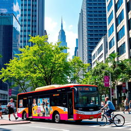 A vibrant city scene featuring a modern bus in motion, surrounded by skyscrapers and bustling streets filled with urban life