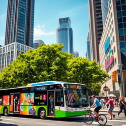 A vibrant city scene featuring a modern bus in motion, surrounded by skyscrapers and bustling streets filled with urban life