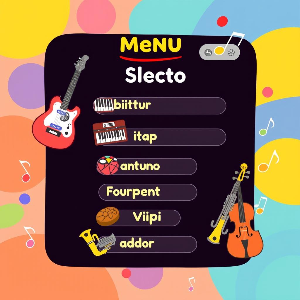 A vibrant and engaging menu selection screen for a musical game, featuring an array of musical instruments