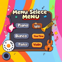 A vibrant and engaging menu selection screen for a musical game, featuring an array of musical instruments