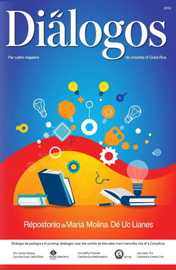 A captivating magazine cover for 'Diálogos' magazine from the University of Costa Rica, featuring an artistic design that represents academic discussion and cultural engagement
