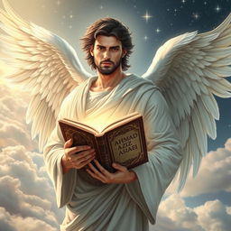 A male angel with strong, ethereal features and majestic, feathery wings, gently holding an ancient book titled 'AHMAD AZIZ ASIAEI'