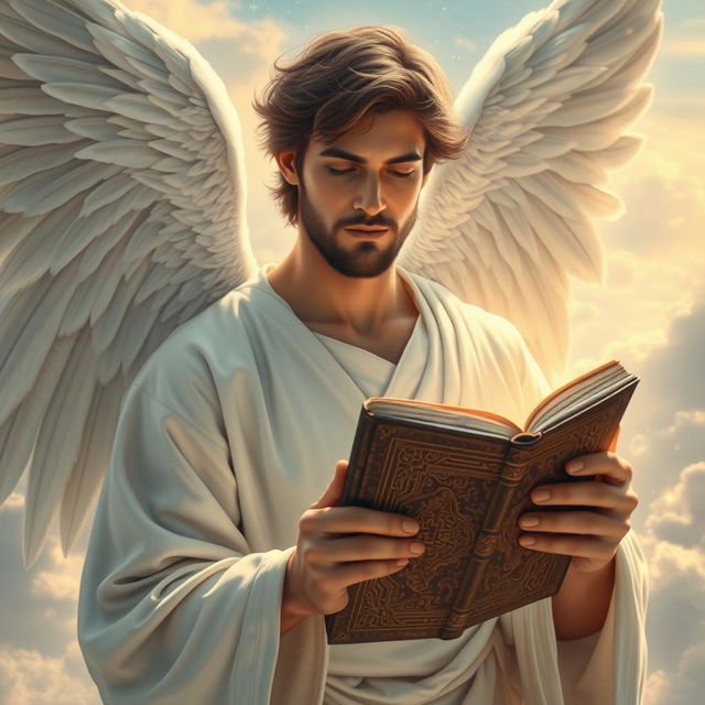 A male angel with strong, ethereal features and majestic, feathery wings, gently holding an ancient book titled 'AHMAD AZIZ ASIAEI'