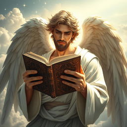 A male angel with strong, ethereal features and majestic, feathery wings, gently holding an ancient book titled 'AHMAD AZIZ ASIAEI'