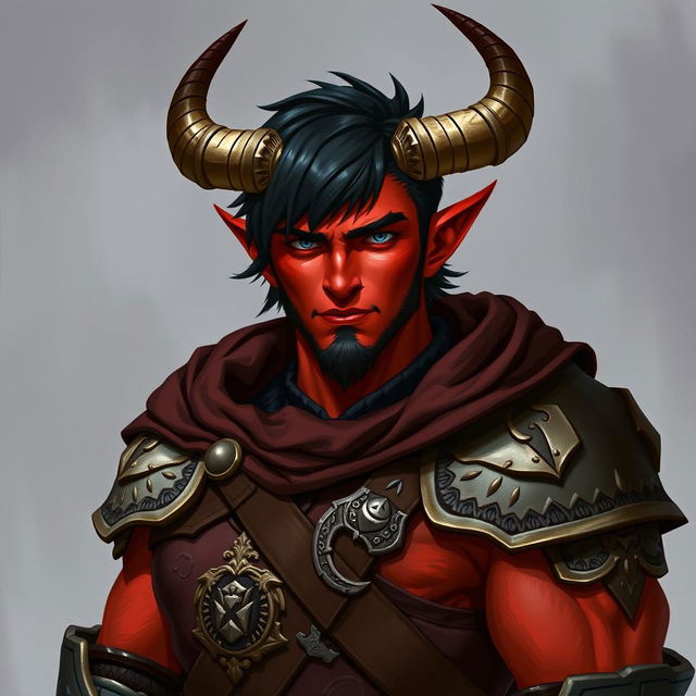 A big, buffed male tiefling paladin with short dark hair and vibrant red skin