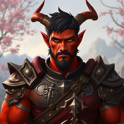 A big, buffed male tiefling paladin with short dark hair and vibrant red skin