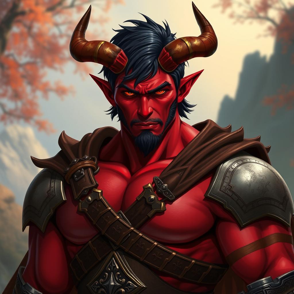 A big, buffed male tiefling paladin with short dark hair and vibrant red skin