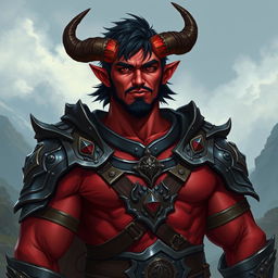 A big, buffed male tiefling paladin with short dark hair and vibrant red skin