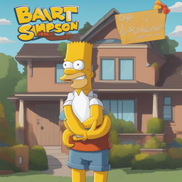 A high-quality digital art image of Bart Simpson from The Simpsons, depicted in his signature outfit with a cheeky grin, standing in front of his home in Springfield