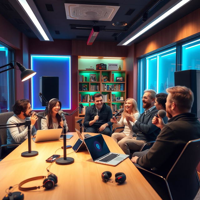 An introduction to a modern podcast studio, featuring a sleek design with large soundproof windows, high-quality microphones, comfortable chairs, and recording equipment