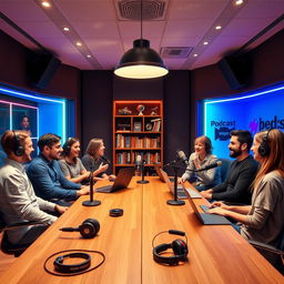 An introduction to a modern podcast studio, featuring a sleek design with large soundproof windows, high-quality microphones, comfortable chairs, and recording equipment