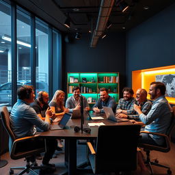 An introduction to a modern podcast studio, featuring a sleek design with large soundproof windows, high-quality microphones, comfortable chairs, and recording equipment