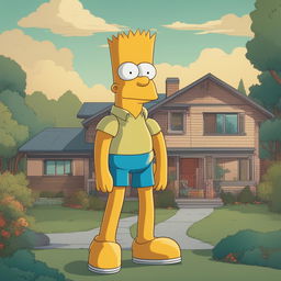 A high-quality digital art image of Bart Simpson from The Simpsons, depicted in his signature outfit with a cheeky grin, standing in front of his home in Springfield