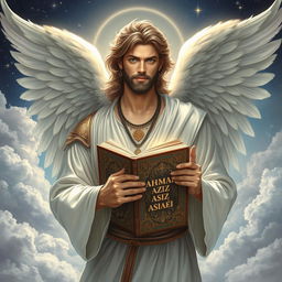 A male angel with strong, ethereal features and grand, feathery wings, holding an ancient book titled 'AHMAD AZIZ ASIAEI'