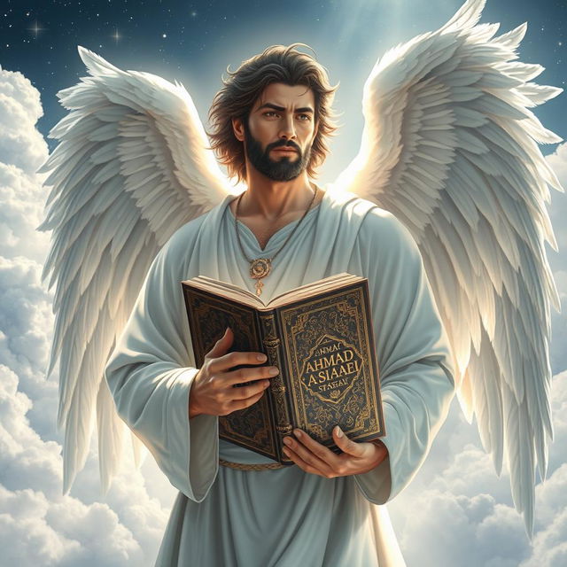 A male angel with strong, ethereal features and grand, feathery wings, holding an ancient book titled 'AHMAD AZIZ ASIAEI'