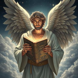 A male angel with strong, ethereal features and grand, feathery wings, holding an ancient book titled 'AHMAD AZIZ ASIAEI'