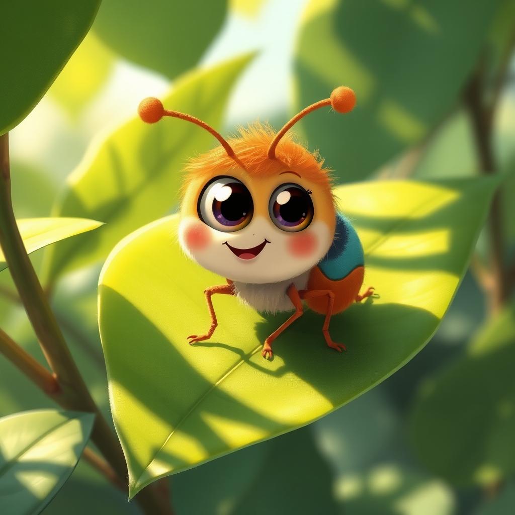 A detailed illustration of a cute, fictional insect with a rounded body and large, expressive eyes, sitting on a vibrant green leaf