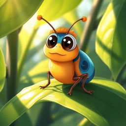 A detailed illustration of a cute, fictional insect with a rounded body and large, expressive eyes, sitting on a vibrant green leaf