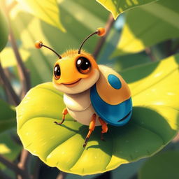 A detailed illustration of a cute, fictional insect with a rounded body and large, expressive eyes, sitting on a vibrant green leaf