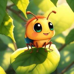 A detailed illustration of a cute, fictional insect with a rounded body and large, expressive eyes, sitting on a vibrant green leaf