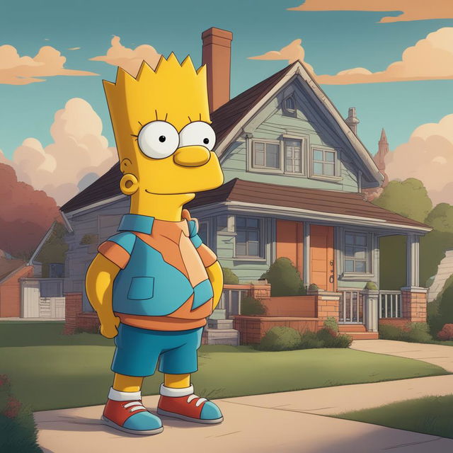 A high-quality digital art image of Bart Simpson from The Simpsons, depicted in his signature outfit with a cheeky grin, standing in front of his home in Springfield