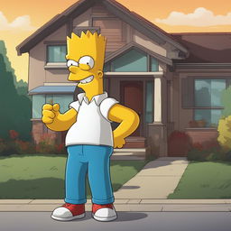 A high-quality digital art image of Bart Simpson from The Simpsons, depicted in his signature outfit with a cheeky grin, standing in front of his home in Springfield