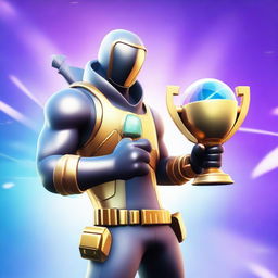 A high-quality digital art image showcasing a Fortnite character, donned in a unique skin, proudly holding a shiny trophy in hand