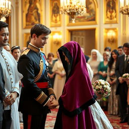 A royal wedding scene featuring the son of the King of Uzbekistan and a beautiful woman during their marriage contract ceremony in a grand palace