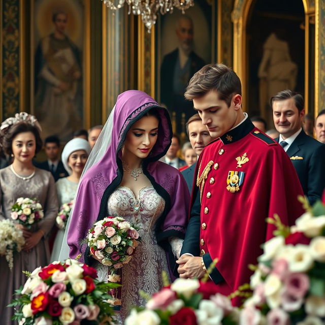 A royal wedding scene featuring the son of the King of Uzbekistan and a beautiful woman during their marriage contract ceremony in a grand palace