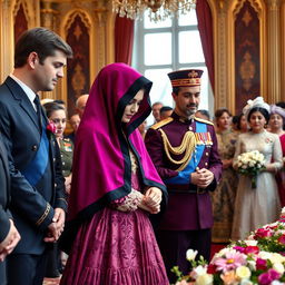 A royal wedding scene featuring the son of the King of Uzbekistan and a beautiful woman during their marriage contract ceremony in a grand palace