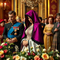 A royal wedding scene featuring the son of the King of Uzbekistan and a beautiful woman during their marriage contract ceremony in a grand palace