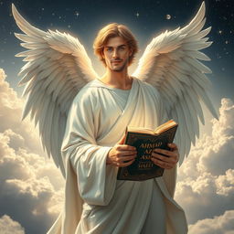 A male angel with strong, ethereal features and grand, feathery wings, gracefully holding an ancient book titled 'AHMAD AZIZ ASIAEI'