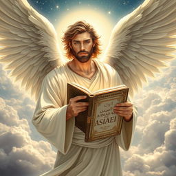 A male angel with strong, ethereal features and grand, feathery wings, gracefully holding an ancient book titled 'AHMAD AZIZ ASIAEI'