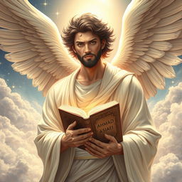 A male angel with strong, ethereal features and grand, feathery wings, gracefully holding an ancient book titled 'AHMAD AZIZ ASIAEI'