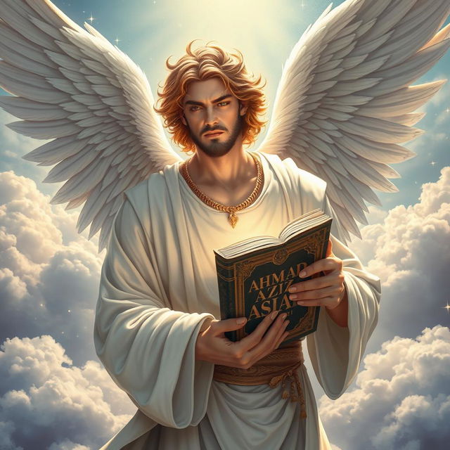 A male angel with strong, ethereal features and grand, feathery wings, gracefully holding an ancient book titled 'AHMAD AZIZ ASIAEI'