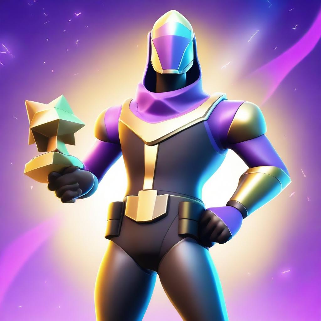 A high-quality digital art image showcasing a Fortnite character, donned in a unique skin, proudly holding a shiny trophy in hand