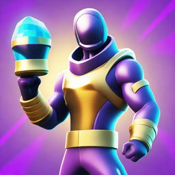 A high-quality digital art image showcasing a Fortnite character, donned in a unique skin, proudly holding a shiny trophy in hand