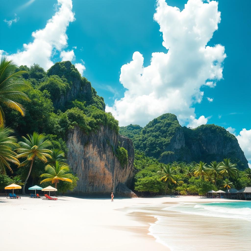 A breathtaking paradise scene featuring a pristine beach with soft white sand and crystal clear turquoise waters, surrounded by lush tropical palm trees