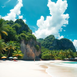 A breathtaking paradise scene featuring a pristine beach with soft white sand and crystal clear turquoise waters, surrounded by lush tropical palm trees