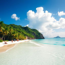 A breathtaking paradise scene featuring a pristine beach with soft white sand and crystal clear turquoise waters, surrounded by lush tropical palm trees
