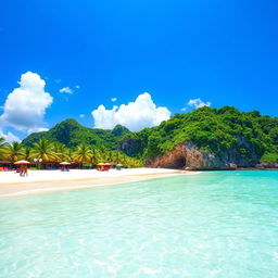 A breathtaking paradise scene featuring a pristine beach with soft white sand and crystal clear turquoise waters, surrounded by lush tropical palm trees