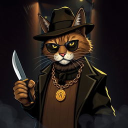 A stylized cat mobster wearing a sleek, shiny Cartier chain and holding a knife in one paw