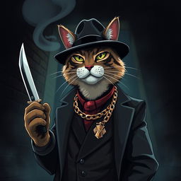 A stylized cat mobster wearing a sleek, shiny Cartier chain and holding a knife in one paw