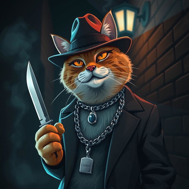 A stylized cat mobster wearing a sleek, shiny Cartier chain and holding a knife in one paw