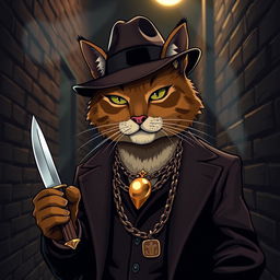 A stylized cat mobster wearing a sleek, shiny Cartier chain and holding a knife in one paw