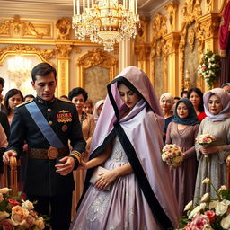 A royal wedding scene depicting the marriage of the Chechen prince to a beautiful woman